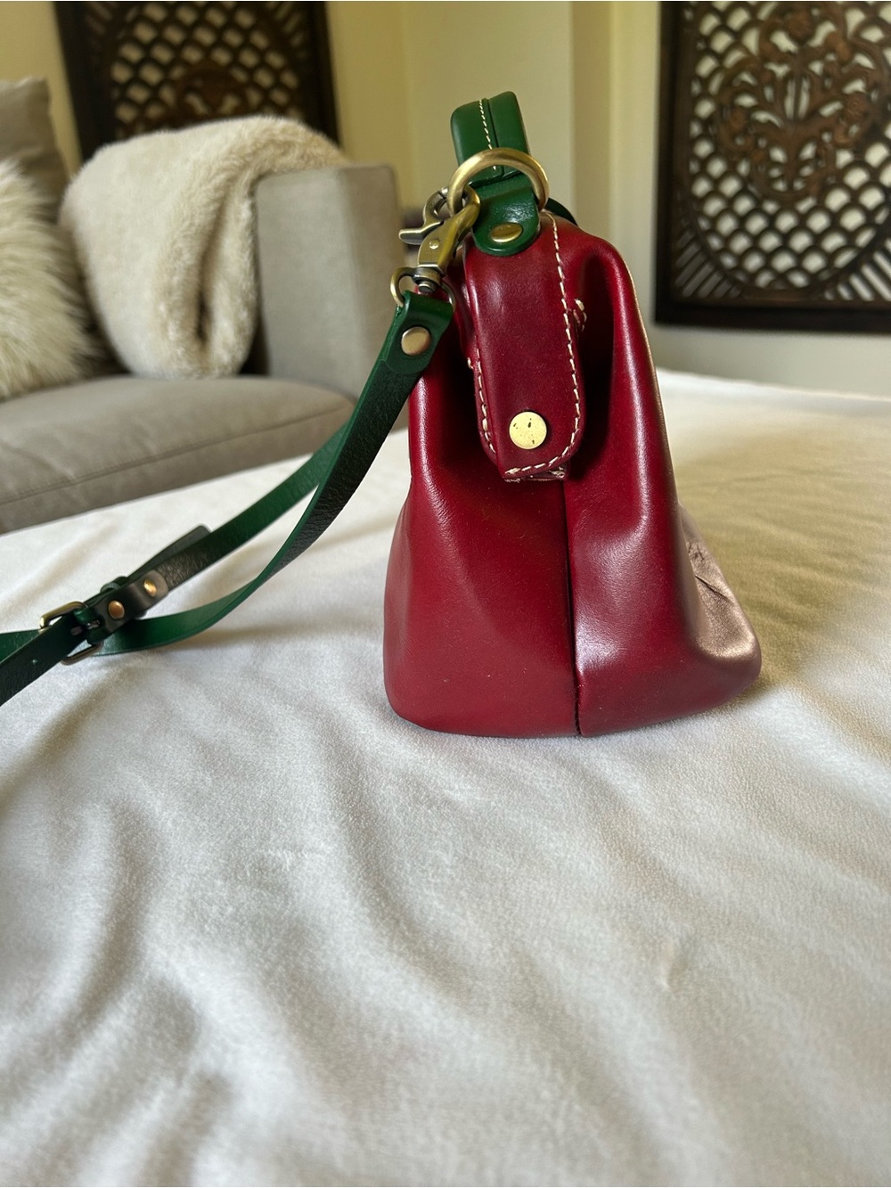 Red Leather Satchel with Green Strap - Classic Top Handle Crossbody - Picture 3 of 13